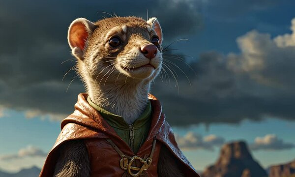 Weasel wearing a cape like a superhero