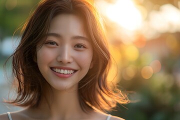Fototapeta premium A young Asian woman smiles joyfully in the golden hour sunlight during a casual outdoor gathering in a lush garden setting