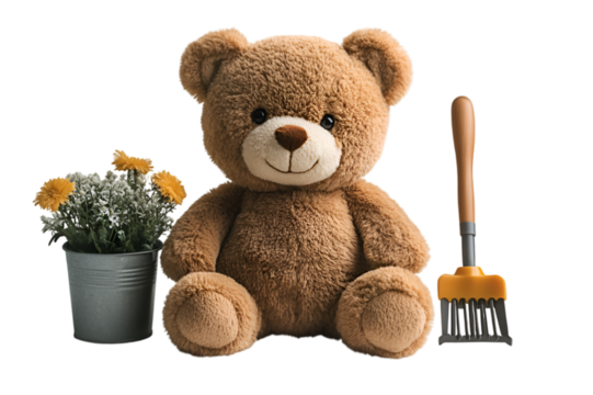 a teddy bear and a plant