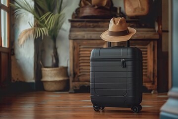 A traveler arrives at a cozy hotel lobby with a stylish suitcase and a hat resting on top, ready for a new adventure