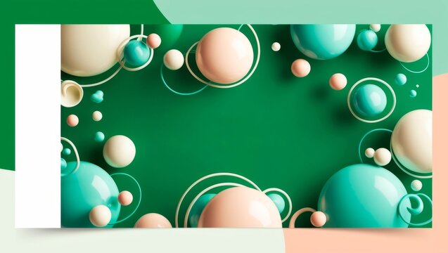 This is an abstract image featuring a vibrant arrangement of floating spheres in varying sizes and shades of green, teal, and white