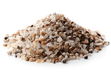 A close-up view of a sand pile isolated on a white background showcasing various grain sizes and colors in natural light