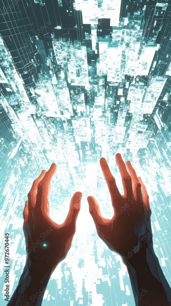 Poster Glowing hands reaching toward a stream of white and blue digital code blocks, symbolizing coding in a high-tech setting.