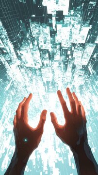 Glowing hands reaching toward a stream of white and blue digital code blocks, symbolizing coding in a high-tech setting.