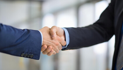Two people shaking hands in business suits. Trustul partnership or deal concept.