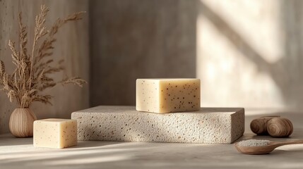 Natural soap bars displayed on a textured surface with soft shadows, offering a calming, minimalist aesthetic.
