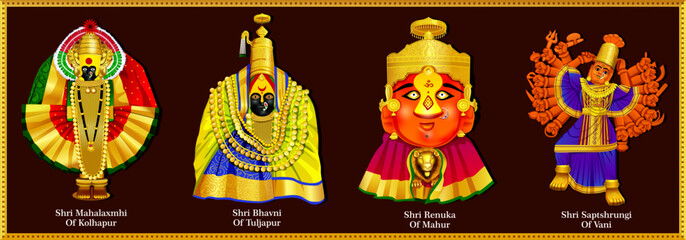 Set of Three and a half Shakti Peethas in maharastra. Goddess mahalaxmi, tuljabhavani, renuka, saptashrungi illustration for Happy Durga Puja offer, Discount, Sales Tags, Print, Banner, Web Banner