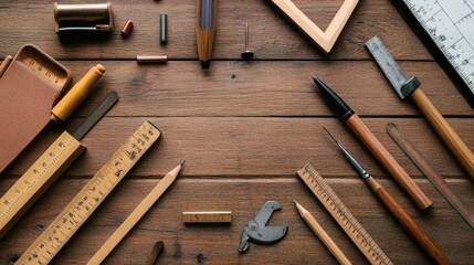 A set of drafting tools including rulers, compasses, and pencils, arranged neatly on a wooden table