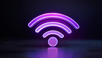 Neon purple wi-fi symbol on dark background. Internet communication and technology concept.