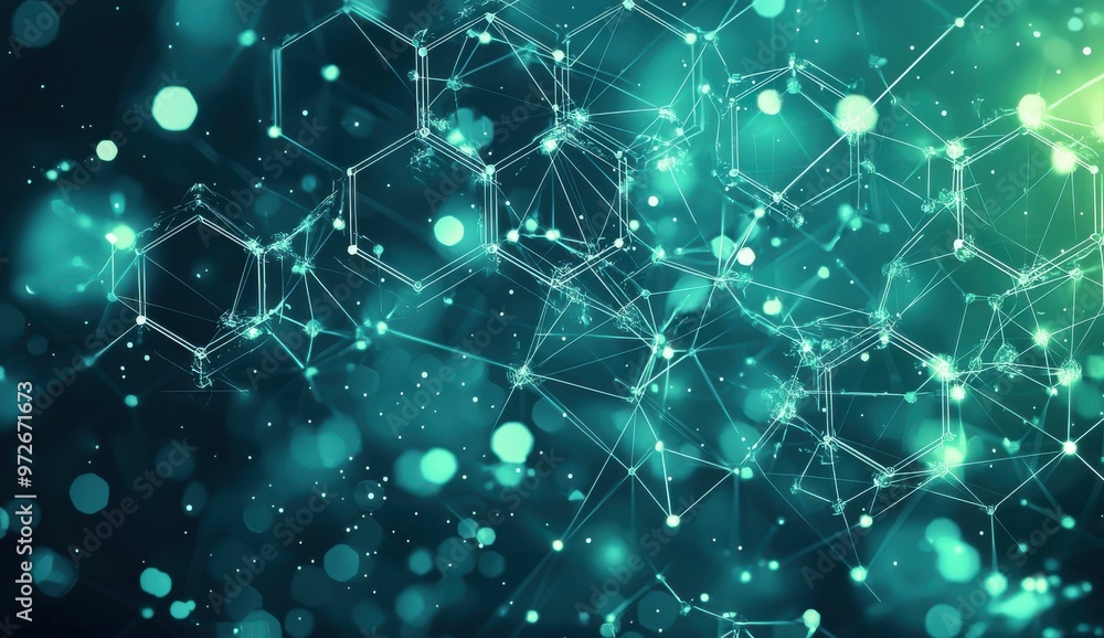 Poster abstract digital background with interconnected hexagons and glowing particles in a green and blue c