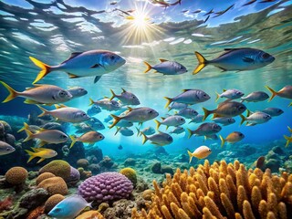 Serenely swimming fish glide effortlessly through coral reef, surrounded by schools of smaller fish, amidst a backdrop