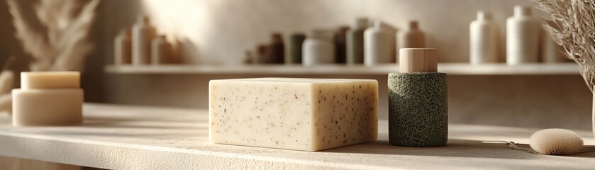 Naklejka premium Natural soap collection displayed on a wooden shelf; elegant design with earthy tones and eco-friendly products for a serene aesthetic.