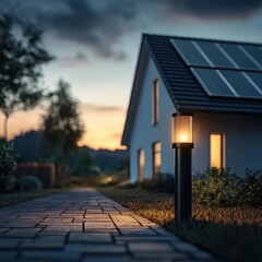 Home exterior with solar panels, energy-efficient garden lighting, 3D illustration