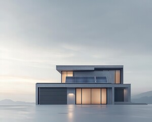 Modern house, integrated solar panels, futuristic energy control system, 3D illustration