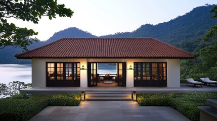 Naklejka premium This beautiful Vietnamese bungalow offers a cozy terrace for sunset views, large windows for natural light, and warm nighttime illumination, making it perfect for relaxation by the sea
