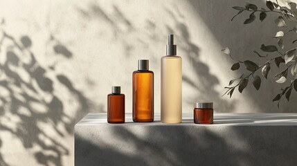 Luxury glass bottles with gradient brown to orange hues, including essence, toner, and scrub, displayed elegantly on a concrete plinth with soft lighting and shadows.