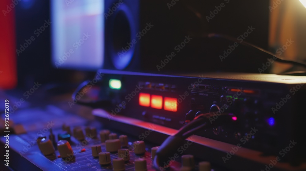 Poster a close-up of a digital audio interface connected to a computer, with an illuminated gain meter indi