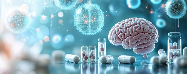 Digital artwork of a brain surrounded by medical pills and molecular structures representing neuroscience and pharmaceutical research