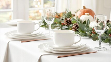 Fototapeta premium Thanksgiving table set with crisp white linens