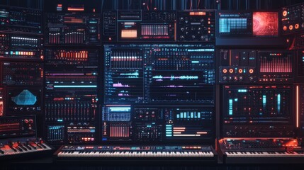 A collection of virtual instruments displayed on a large digital interface, with various synthesizers, samplers, and effects visible on the screen, music production software, digital synthesis, audio