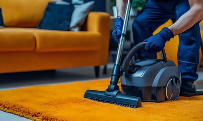 Fototapeta premium A person using a vacuum cleaner on a yellow carpet.
