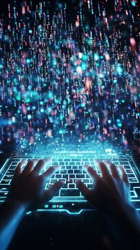 Hands holding tablet with neural brain hologram, symbolizing AI and innovation.