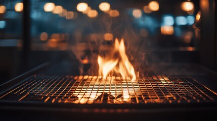 Flames emerging from a metal grate in a dark, vacant space