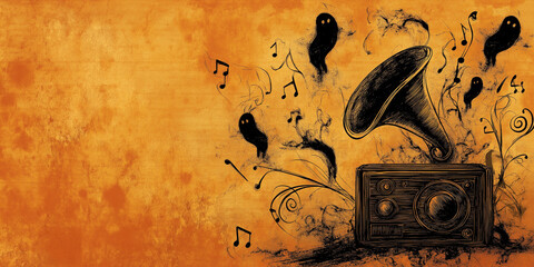 Vintage gramophone with musical notes and ghosts on textured sepia background, copyspace at top
