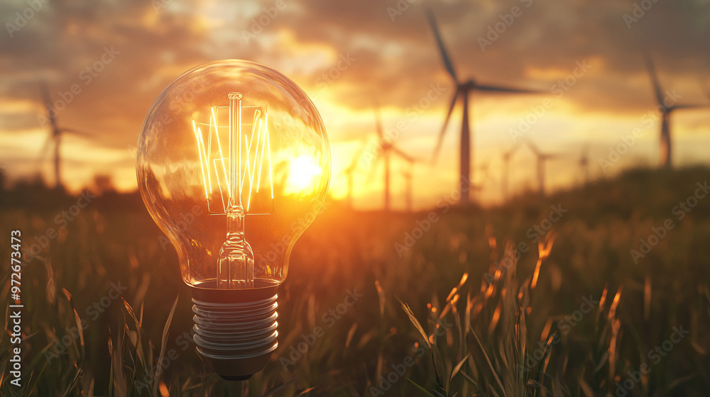 Poster light bulb shines in a field as wind turbines turn in the background during sunset