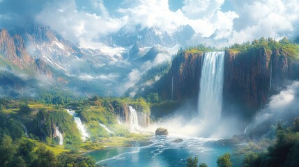 Fototapeta premium Serene landscape featuring majestic waterfalls and mountains.