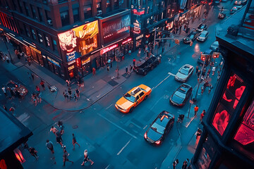 A busy city street at night, featuring a yellow taxi and vibrant lights, capturing the energetic...