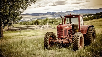 Tuinposter Red tractor parked in a field with a wooden fence in the background.