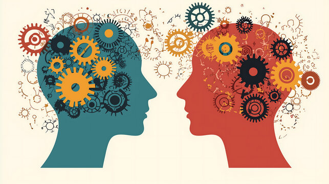 Two heads with gears inside showing the concept of thinking and communication between two people in a vector style illustration