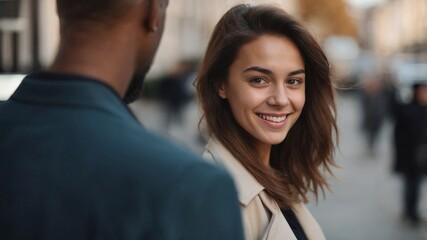Obraz premium 幸せそうな笑顔でカメラを見つめる若い女性が放つ、心温まる魅力あふれるポートレート。生成AI
