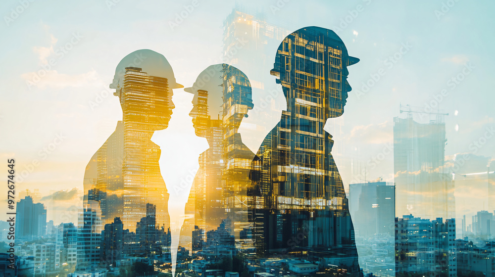 Poster architects with hard hats are looking at the city skyline at sunset, a double exposure image ideal f