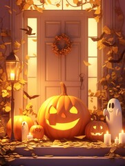 Obraz premium Halloween poster featuring a large pastel-colored pumpkin in the center on a clean background, 3D cartoon mise-en-scene with meticulous design, soft renderings, pop art style, created using C4D and OC