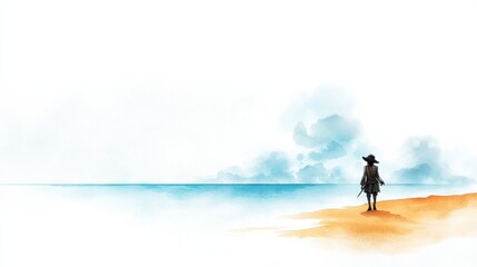 Fototapeta premium Lone Silhouette Walking on Serene Beach at Sunset