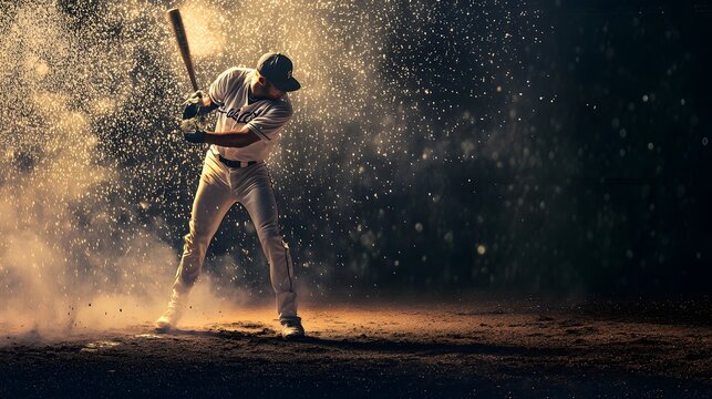 A baseball player in a white uniform swings a bat in a dramatic, action-packed pose.