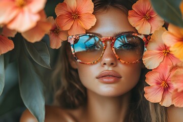 fashionable woman wearing floral sunglasses surrounded by vibrant orange flowers, close-up portrait	