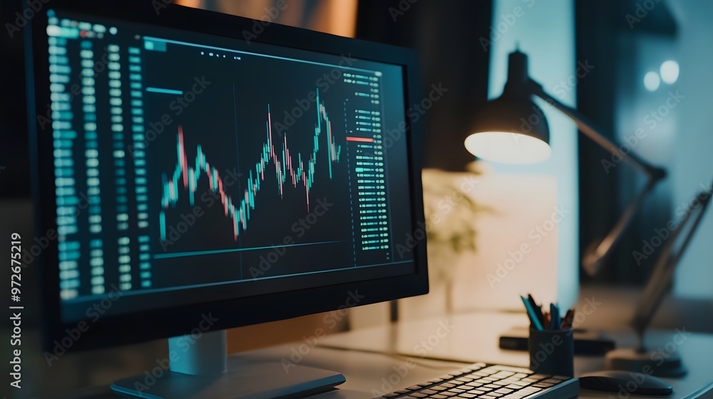 Poster close-up of a computer monitor displaying a stock market chart.