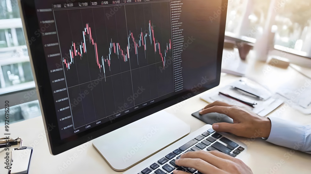 Poster a person's hands are shown typing on a keyboard, with a stock chart displayed on the computer screen