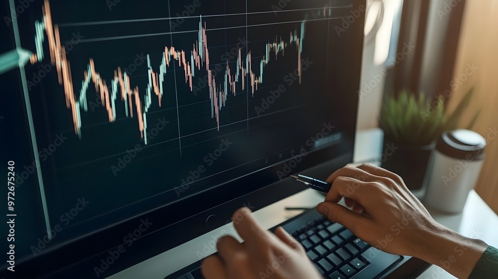 Poster a person analyzes a stock market graph on a computer screen.
