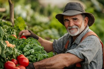senior male farmer harvesting fresh vegetables, outdoor portrait in farm field, sustainable farming	
