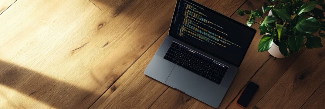 Laptop with programming code on screen placed on a hardwood floor with sunlight streaming in. Perfect for casual coding or developer environments.