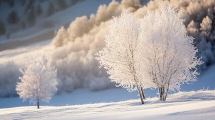Winter Wonderland: Frost-Covered Trees in a Snowy Landscape