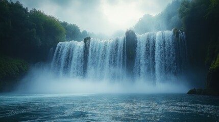 A majestic waterfall surrounded by lush greenery and mist.