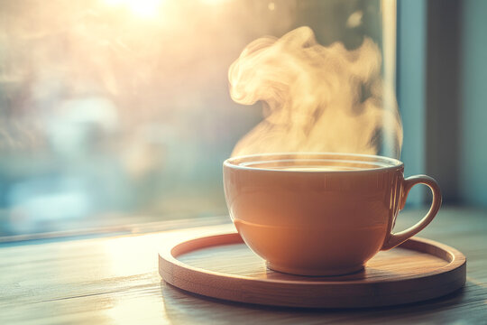 A steaming cup of coffee on a wooden tray by the window, bathed in morning light, symbolizing comfort, warmth, and the start of a new day.