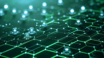 Fototapeta premium A vibrant, abstract representation of a digital network with glowing lines and geometric shapes, symbolizing connectivity and data flow in a high-tech landscape. Ideal for tech and innovation themes.