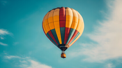 Obraz premium Colorful hot air balloon flying in the sky over the countryside , Balloons flying over the landscape , Big balloon flies against the sky , Hot air balloon 