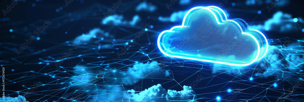 Aufkleber glowing blue cloud computing symbol over a network of data.